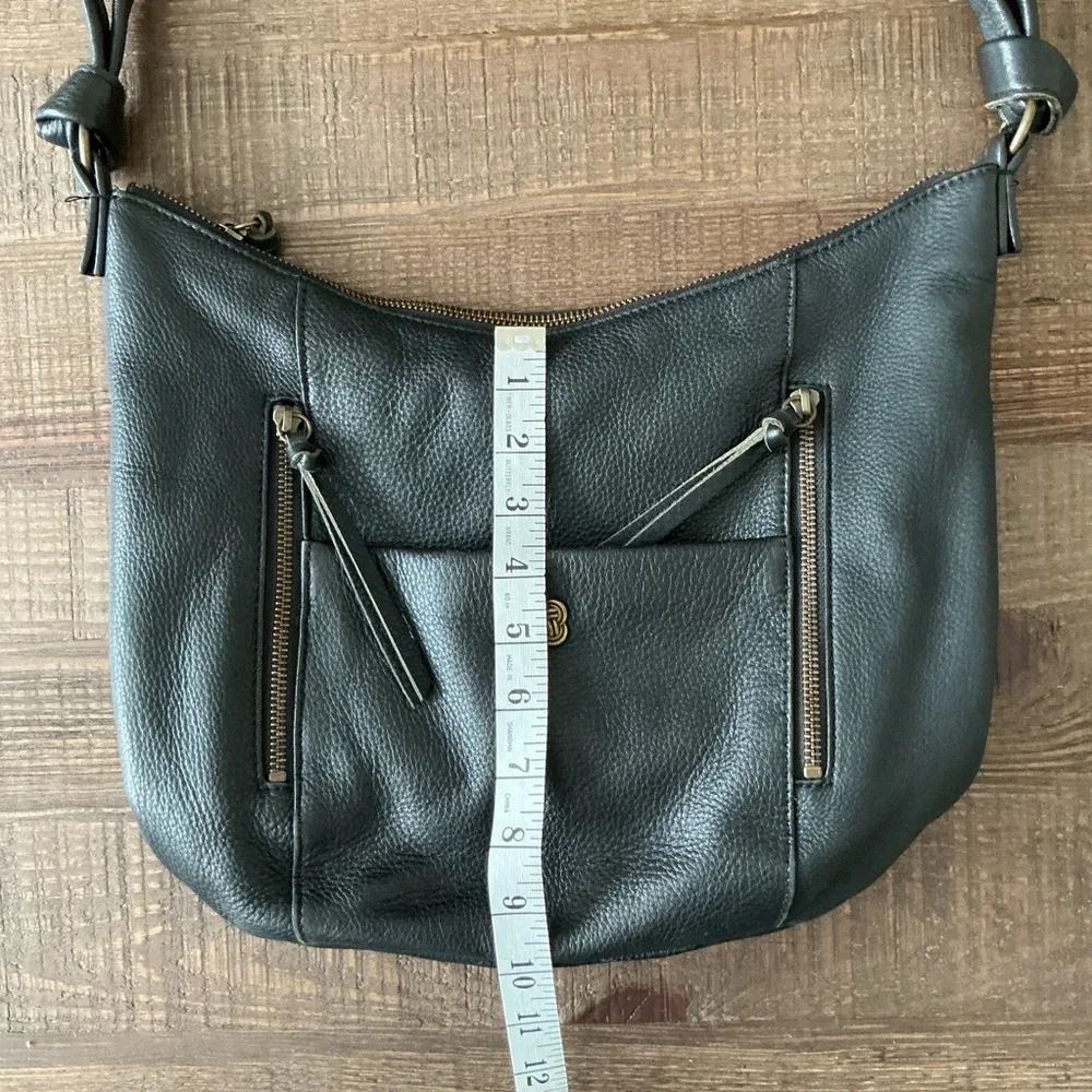 Elliot Lucca Black Leather Raw Edges Front Zippers Tie Handle Shoulder Bag Purse